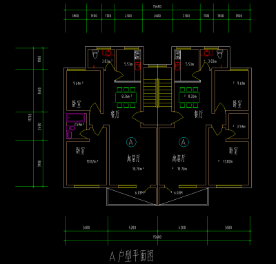 1梯2户户型图CAD施工图，住宅户型图CAD建筑图纸下载