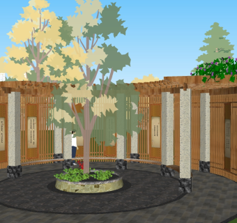  中式实木廊架草图大师模型，实木廊架sketchup模型下载