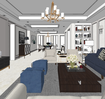 美式客餐厅su模型，客餐厅沙发茶几组合草图大师模型下载