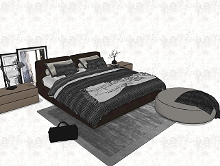 <em>现代双人床</em>床榻床头柜模型组合sketchup模型，双人床...