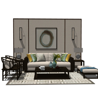 新中式沙发组合草图大师模型，沙发茶几组合skp模型下载