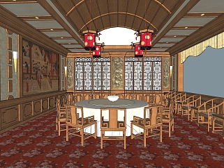 中国风餐厅<em>一</em>楼大厅草图大师模型，SU模型免费下载