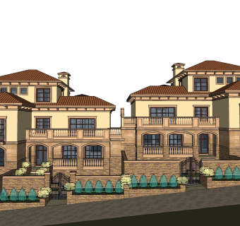 欧式连排别墅外观草图大师模型，SU模型免费下载