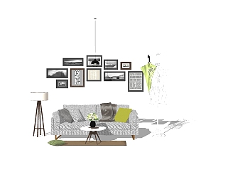 北欧家具沙发照片墙吊灯落地灯SU模型，客厅草图大师模型下载