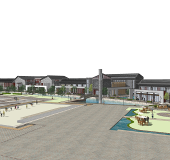 中式商业街建筑草图大师模型，商业广场sketchup模型免费下载