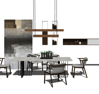 现代北欧客餐厅组合sketchup模型，客餐厅组合草图大师模型下载
