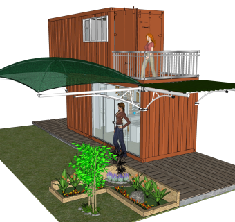 现代集装箱改造房sketchup模型，集装箱房屋草图大师模型下载