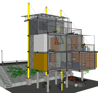 现代集装箱房屋su模型，集装箱活动房草图大师模型下载