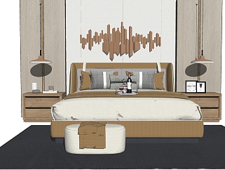 现代卧室双人床组合草图大师模型，双人床sketchup模型下载