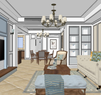 美式客餐厅su模型，客餐厅草图大师模型下载