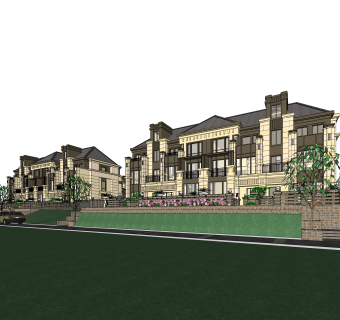 新古典连排别墅su模型下载，sketchup别墅草图大师模型