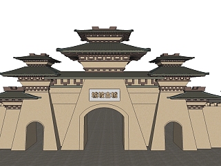 中式古建古城门草图大师模型下载、古建古城门su模型下载