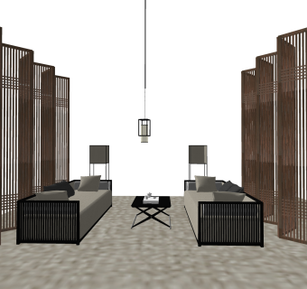 中式沙发组合草图大师模型，沙发吊灯组合skp模型下载