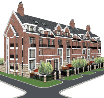 欧式连排别墅草图大师模型下载，别墅外观sketchup模型分享