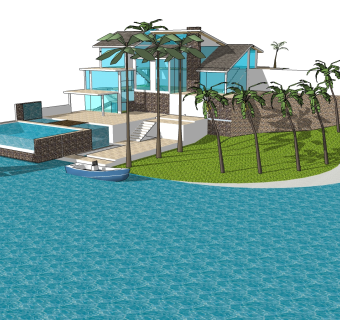 现代码头景观su模型方案，古建民宿草图大师模型分享