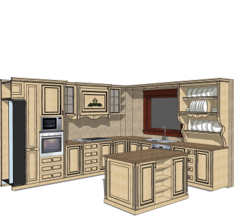 美式橱柜草图大师免费模型，岛型厨房柜sketchup模型下载