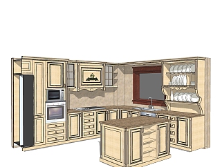 美式橱柜草图大师免费模型，岛型厨房柜sketchup模型下载