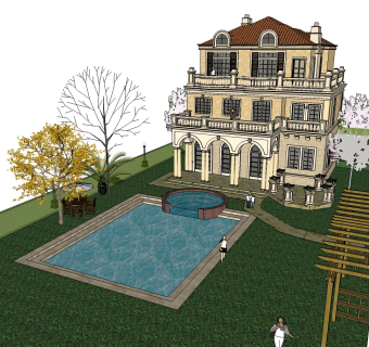 欧式独栋泳池别墅草图大师模型，别墅SU模型下载