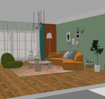 现代风格温馨暖调客厅sketchup模型下载