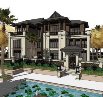 东南亚风格别墅su模型下载、东南亚风格别墅草图大师模型下载