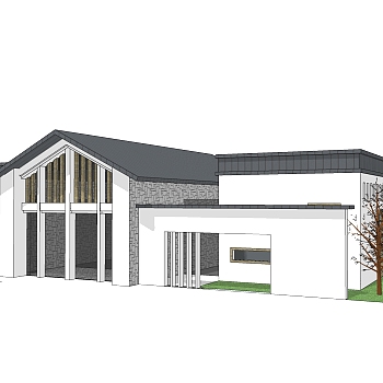 新中式售楼处建筑方案草图大师模型，售楼部建筑沙盘sketchup模型免费下载