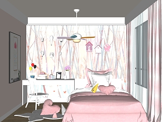 北欧卧室<em>女孩</em>房免费su模型，卧室sketchup模型下载
