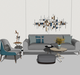 现代布艺沙发组合草图大师模型，沙发茶几组合skp模型下载草图大师
