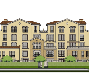 欧式联排别墅SU模型，联排别墅SKP模型下载