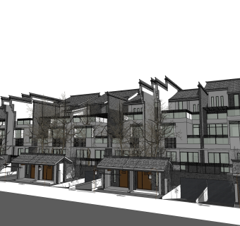 新中式别墅建筑，连排叠加别墅，SU模型免费下载