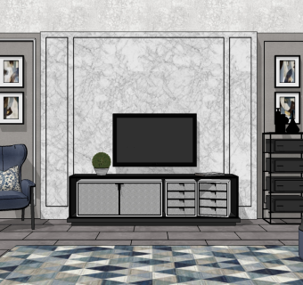 现代电视柜背景墙组合su模型，电视柜草图大师模型下载