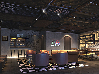 工業風格復古loft酒吧咖啡廳CAD施工圖，酒吧咖啡店CAD圖紙下載