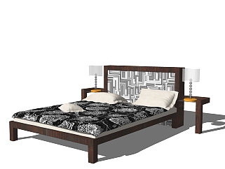 中式实木双人床免费su模型，实木双人床sketchup模型下载