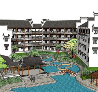 中式徽派建筑草图大师模型，古建民俗sketchup模型免费下载