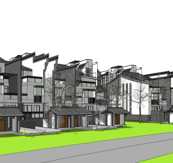 新中式连排别墅草图大师模型，连排别墅sketchup模型免费下载