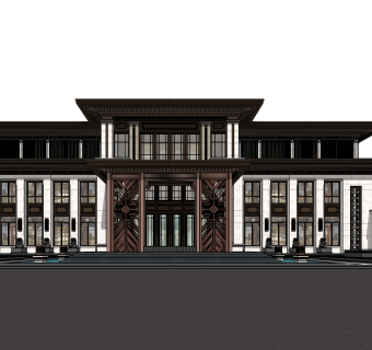 新中式售楼处建筑方案草图大师模型，售楼部建筑沙盘sketchup模型免费下载