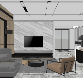 现代客餐厅su模型，客餐厅沙发桌椅组合草图大师模型下载