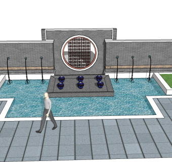 中式景观墙skp文件下载，景观墙SU模型