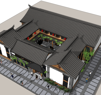 中式古建筑院落草图大师模型，古建民俗sketchup模型免费下载