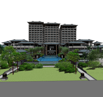 新中式酒店草图大师模型，酒店sketchup模型免费下载
