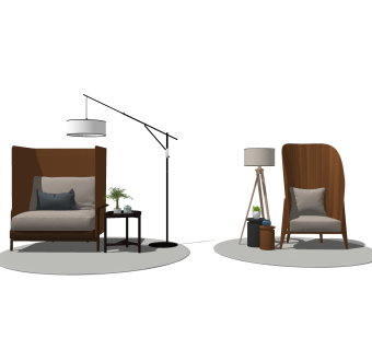 新中式休闲单人沙发圆几组合su模型，单人沙发sketchup模型下载