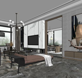 现代轻奢客餐厅su模型，客餐厅沙发桌椅茶几灯具组合草图大师模型下载