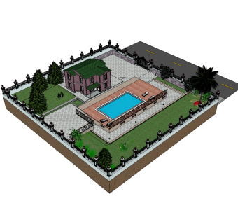 现代欧式泳池别墅草图大师模型，别墅SU模型下载