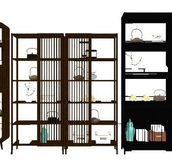 新中式博古架装饰柜组合su模型，柜子草图大师模型下载