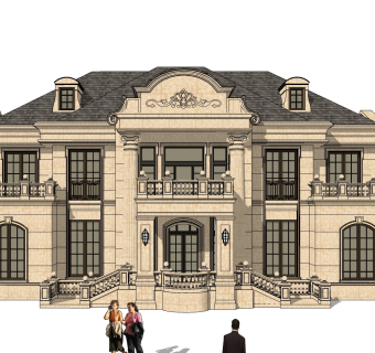 法式别墅外观草图大师模型，别墅外观sketchup模型免费下载