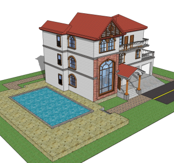 现代独栋泳池别墅草图大师模型，别墅SU模型下载