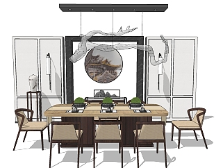 新中式餐桌<em>椅组合</em>草图大师模型，餐桌椅skp模型下载