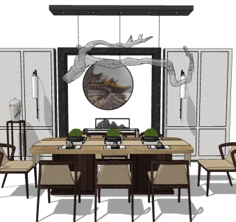 新中式餐桌椅组合草图大师模型，餐桌椅skp模型下载