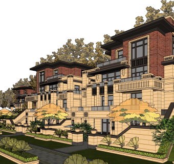 新古典连排别墅su模型下载，sketchup别墅草图大师模型