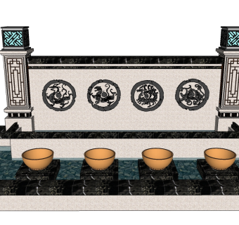 中式景观墙sketchup模型下载，景观墙草图大师模型