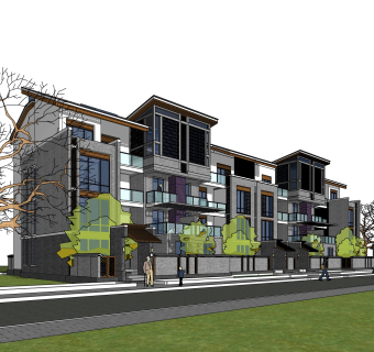 新中式连排别墅su模型下载，别墅草图大师模型分享